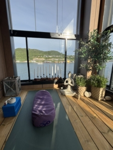Annelise praktiserer online yoga med Bodil på YogaYoga hver uke fra Harstad